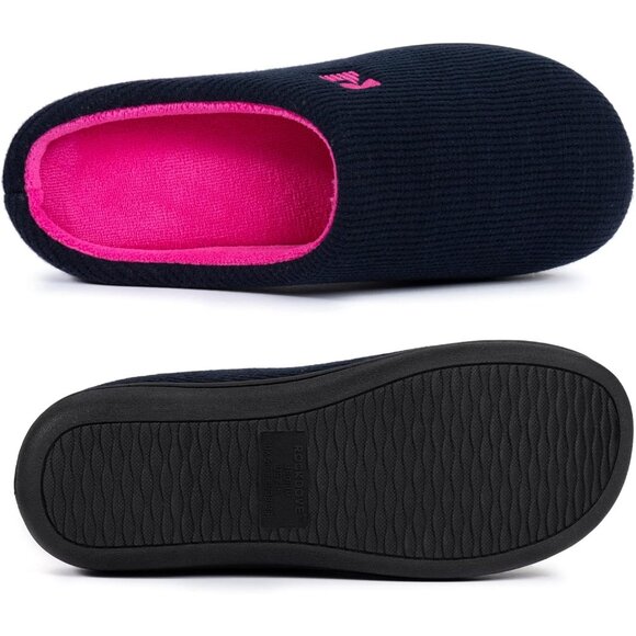 Women's Dark Navy-Fuscia Two-Tone Memory Foam Slipper  Indoor House Shoes - Picture 2 of 6